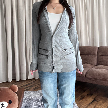 DKNY Grey Dual Zip Embroidered Wings V Neck Cardigan