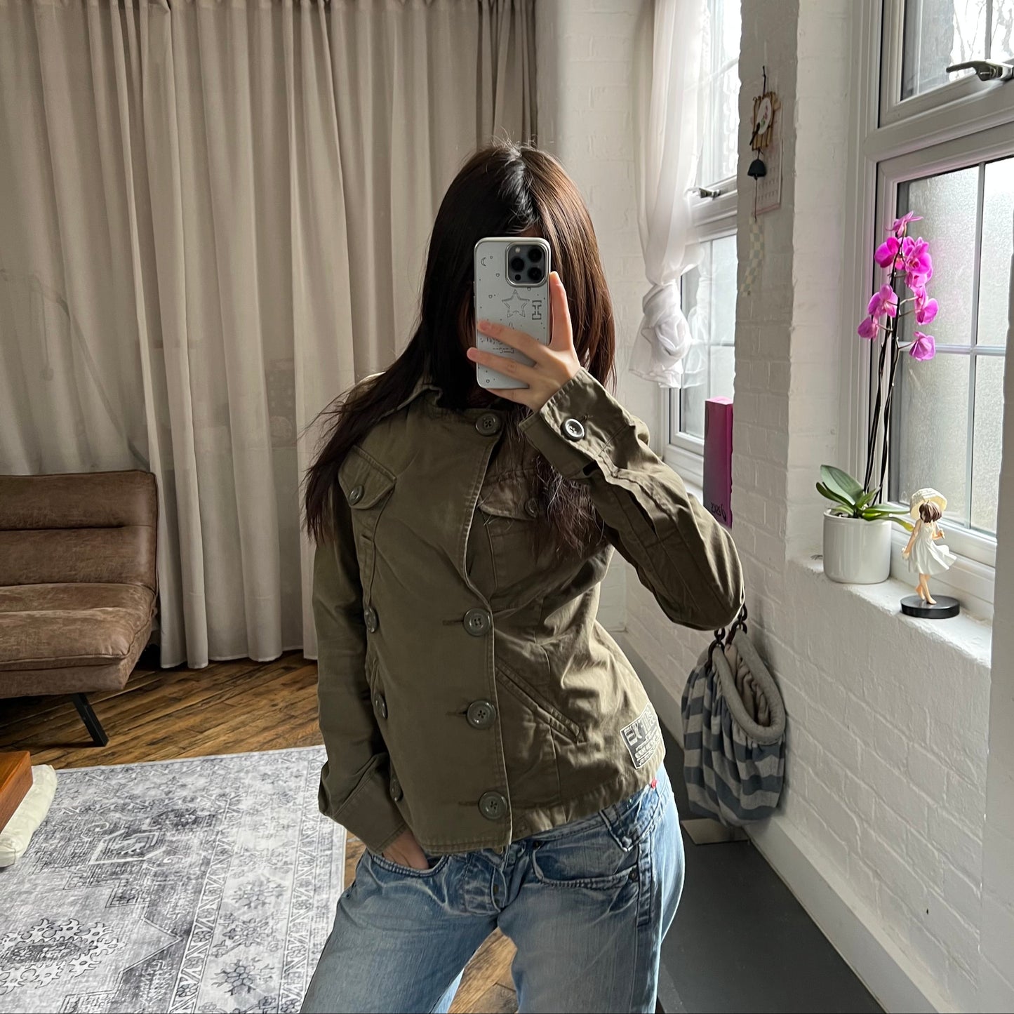 khaki diesel corpcore asymmetric button down trench style jacket