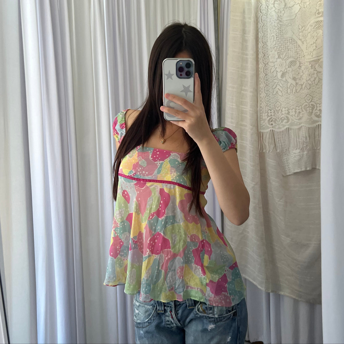 Bubblegum Jill Stuart Pink Mint Multicolour Puff Sleeve Square Neckline Babydoll Blouson