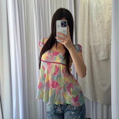Bubblegum Jill Stuart Pink Mint Multicolour Puff Sleeve Square Neckline Babydoll Blouson