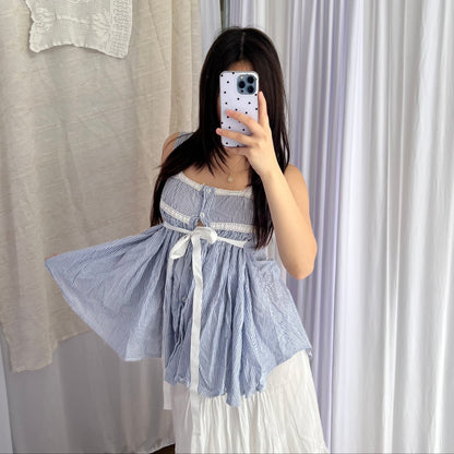 Blue Striped Souvenir Lace Embroidery Babydoll Blouson Top