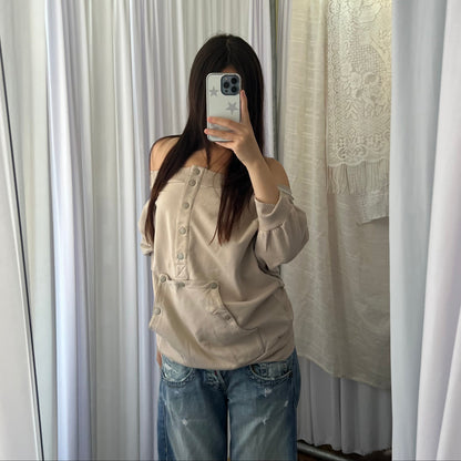 Adidas X Stella Mccartney Beige Off Shoulder 3/4 Button Sweater Top