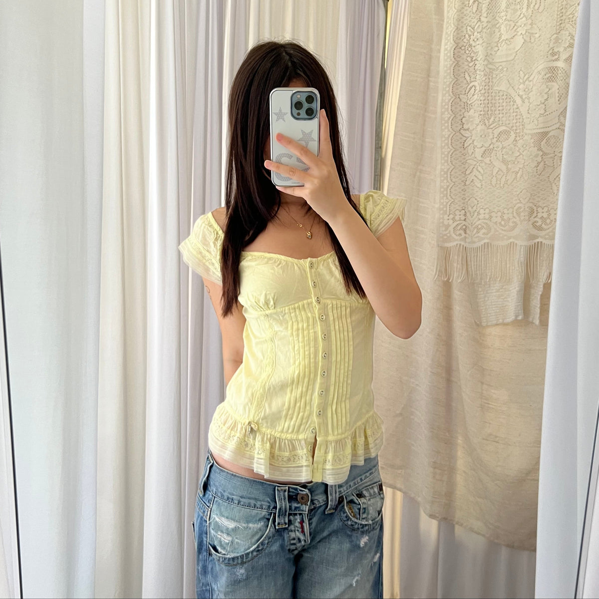 Guess Yellow Milkmaid Corset Ruffle Lace Trim Blouse