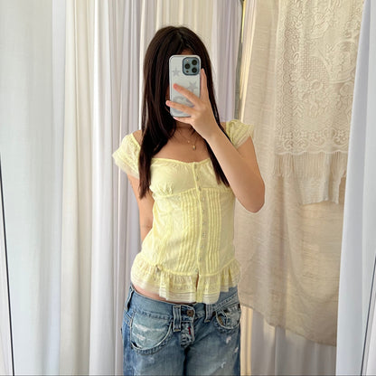 Guess Yellow Milkmaid Corset Ruffle Lace Trim Blouse