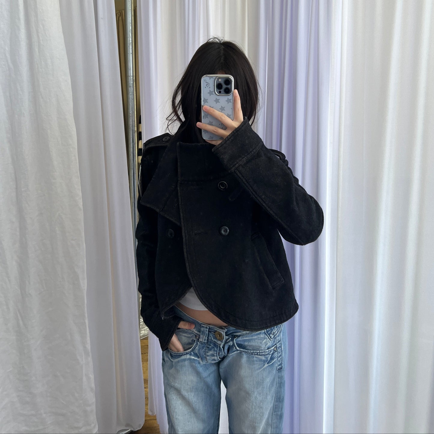 Fornarina Dark Grey Asymmetric Wrap Funnel Neck Double Breasted Crop Jacket