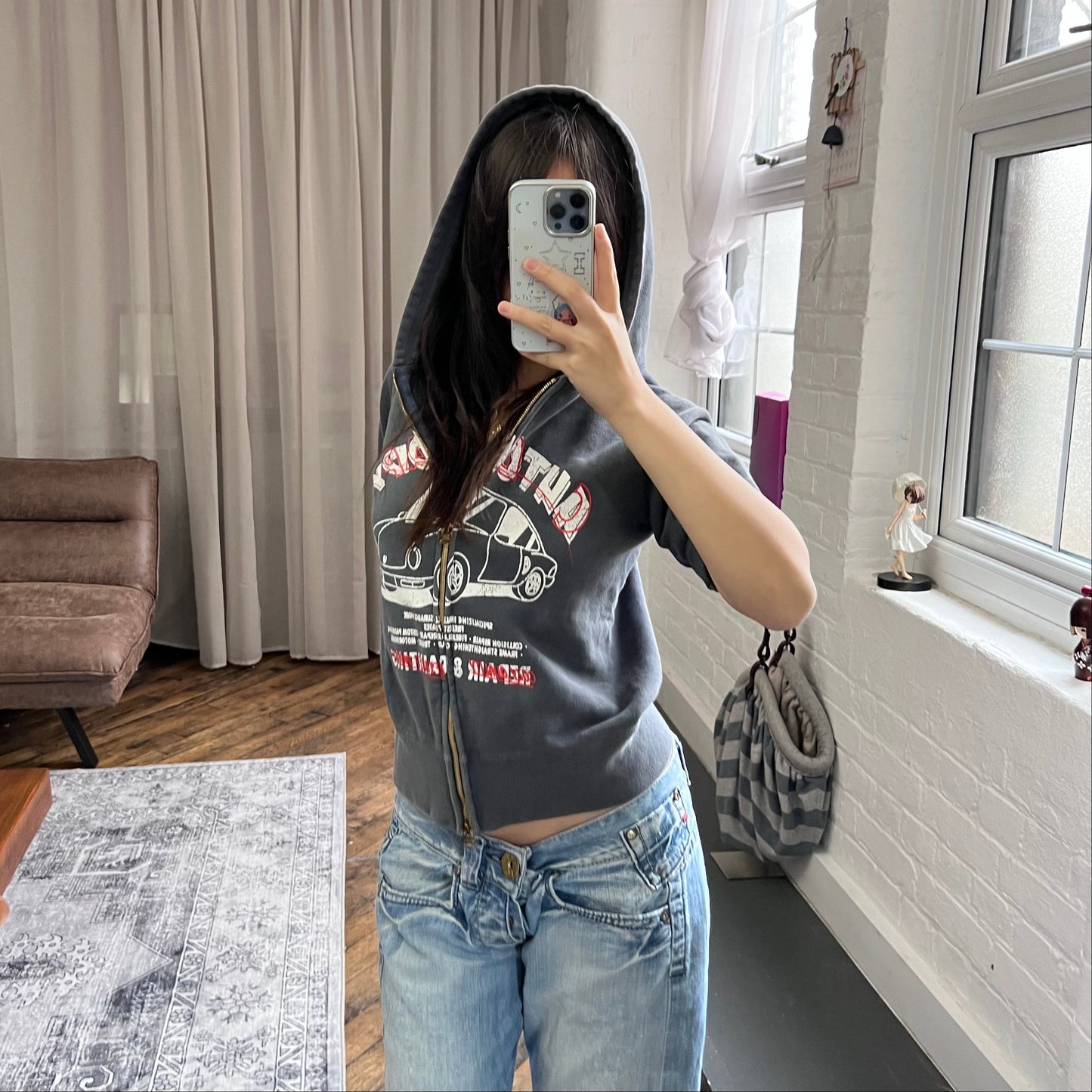 vintage navy car graphic bape short sleeve zip hoodie jacket