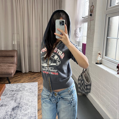 vintage navy car graphic bape short sleeve zip hoodie jacket