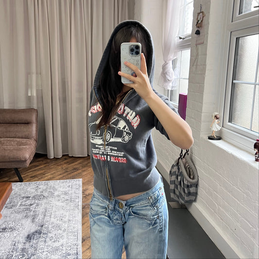 vintage navy car graphic bape short sleeve zip hoodie jacket