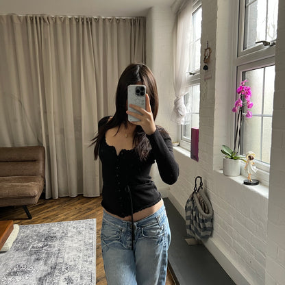 kookai black wool blend picot trim long sleeve fitted cardigan top