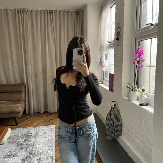 kookai black wool blend picot trim long sleeve fitted cardigan top