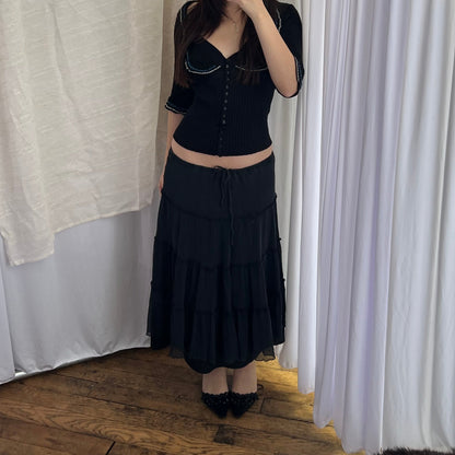 Express Black Silk Pleated Ruffle Flared Midi Skirt