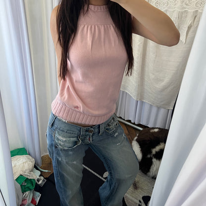 Burberry Blue Label Baby Pink Ribbed Neck High Neck Knit Vest
