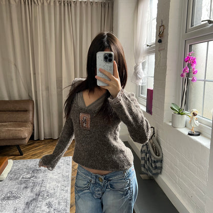 bouche a bouche brown grey long sleeve wool blend layered knit top