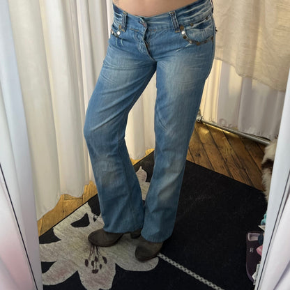 Replay Light Wash Mid Rise Studded Zip Back Straigh Leg Flared Hem Denim Jeans