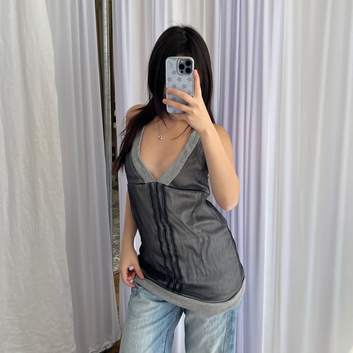 Vintage Grey Einstein Silk V Neck Jersey Strap Top