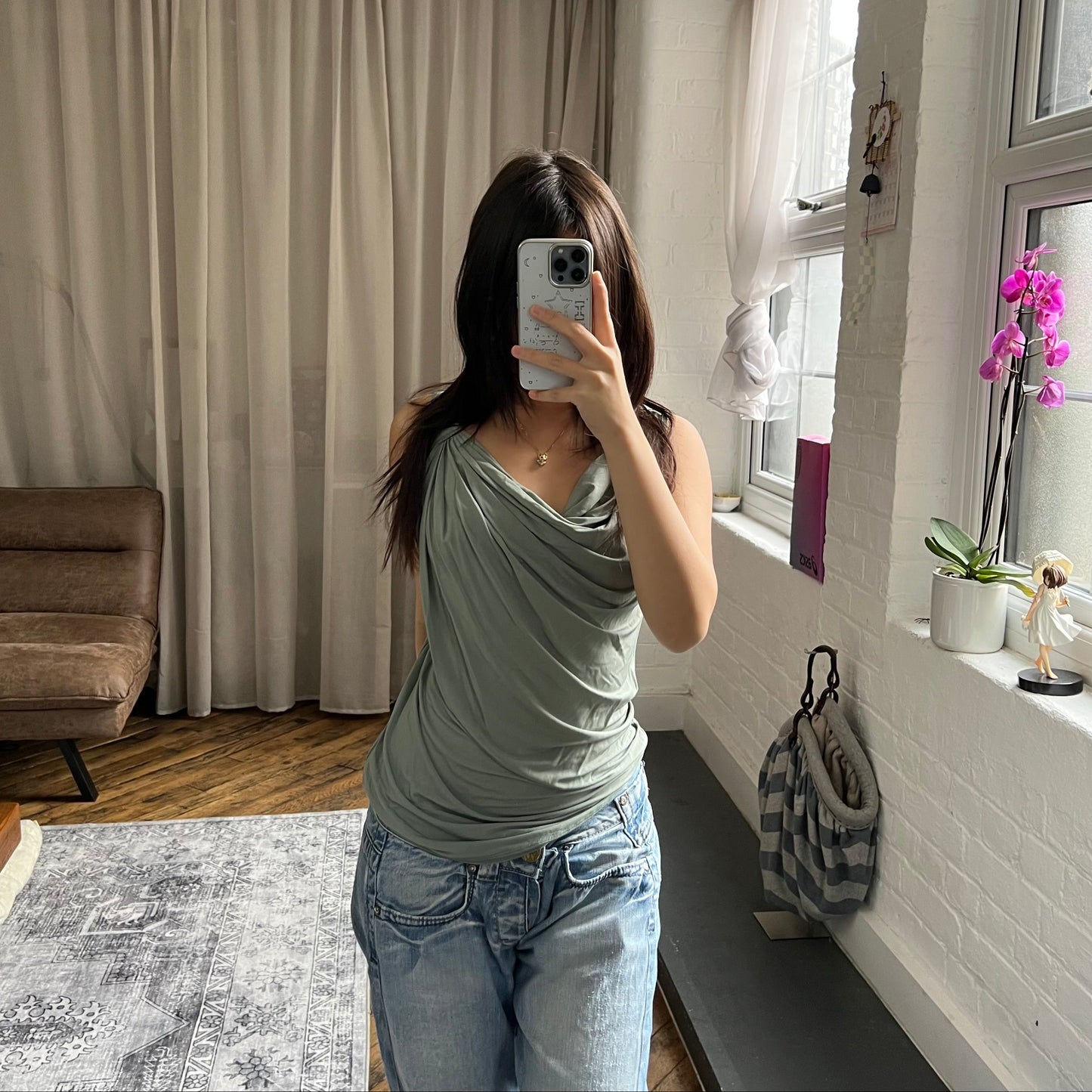 malloni sage green draped nylon ruched side sleeveless tunic vest