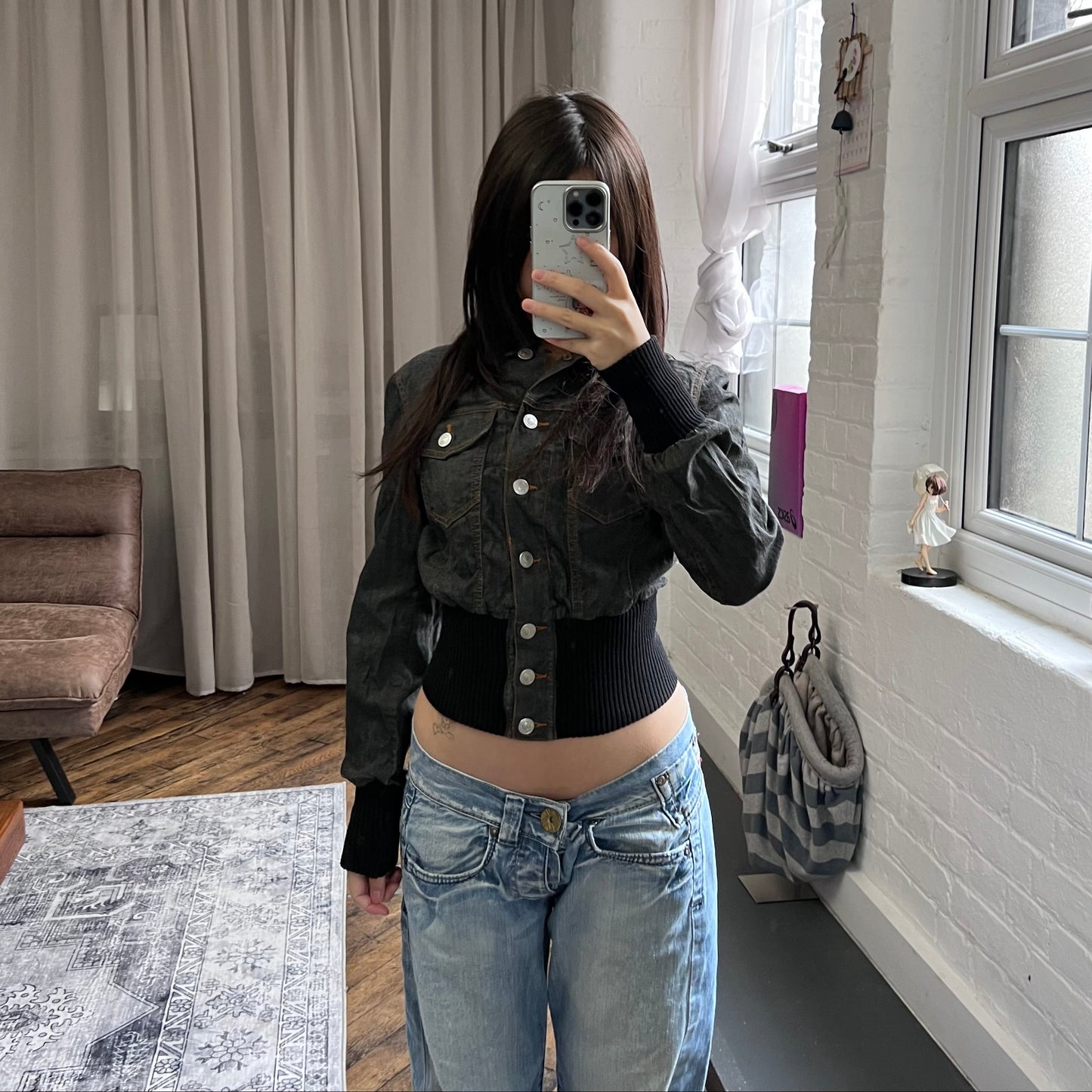 vintage fornarina dark indigo wash denim long sleeve cinched ribbed waist collared jacket