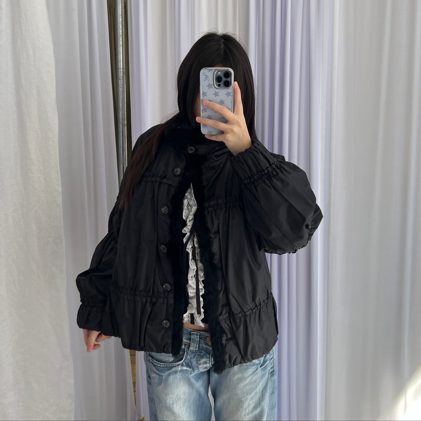 Balletcore Black Chamois Ruched Rabbit Fur Trim Puffer Jacket