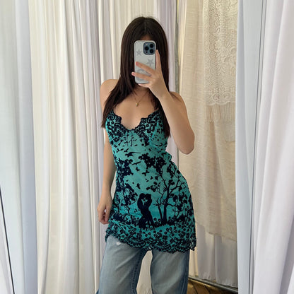 Nolita Turquoise Teal Black Lace Vintage Romantic Lace Detail Mini Dress