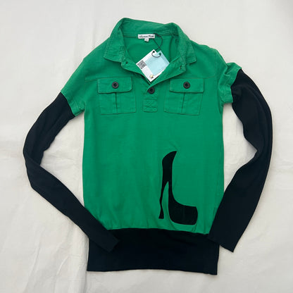 American Retro Green Black Layered Style Button Long Sleeve High Collar Top
