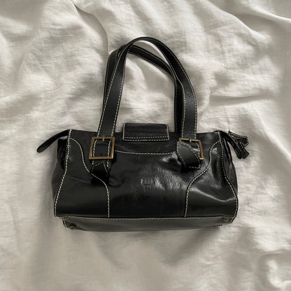 vintage anna sui black leather brassy hardware butterfly lock shoulder bag