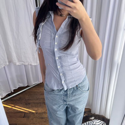 Kocca Preppy Blue French Cap Sleeve Rosette Fringe Fitted Blouse Shirt