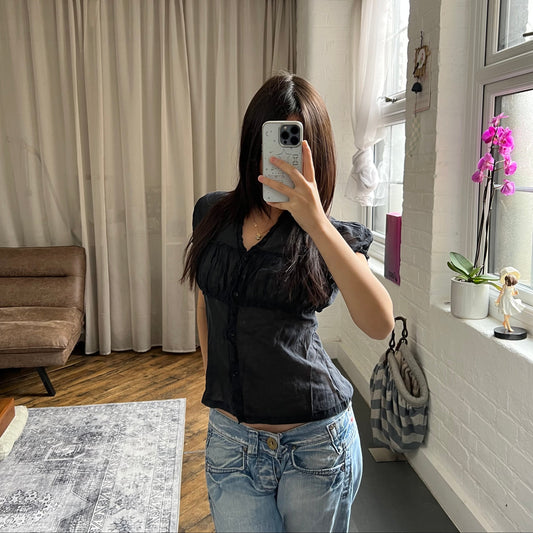 naracamicie black balletcore dark academia cap sleeve ruched bust sheer blouse