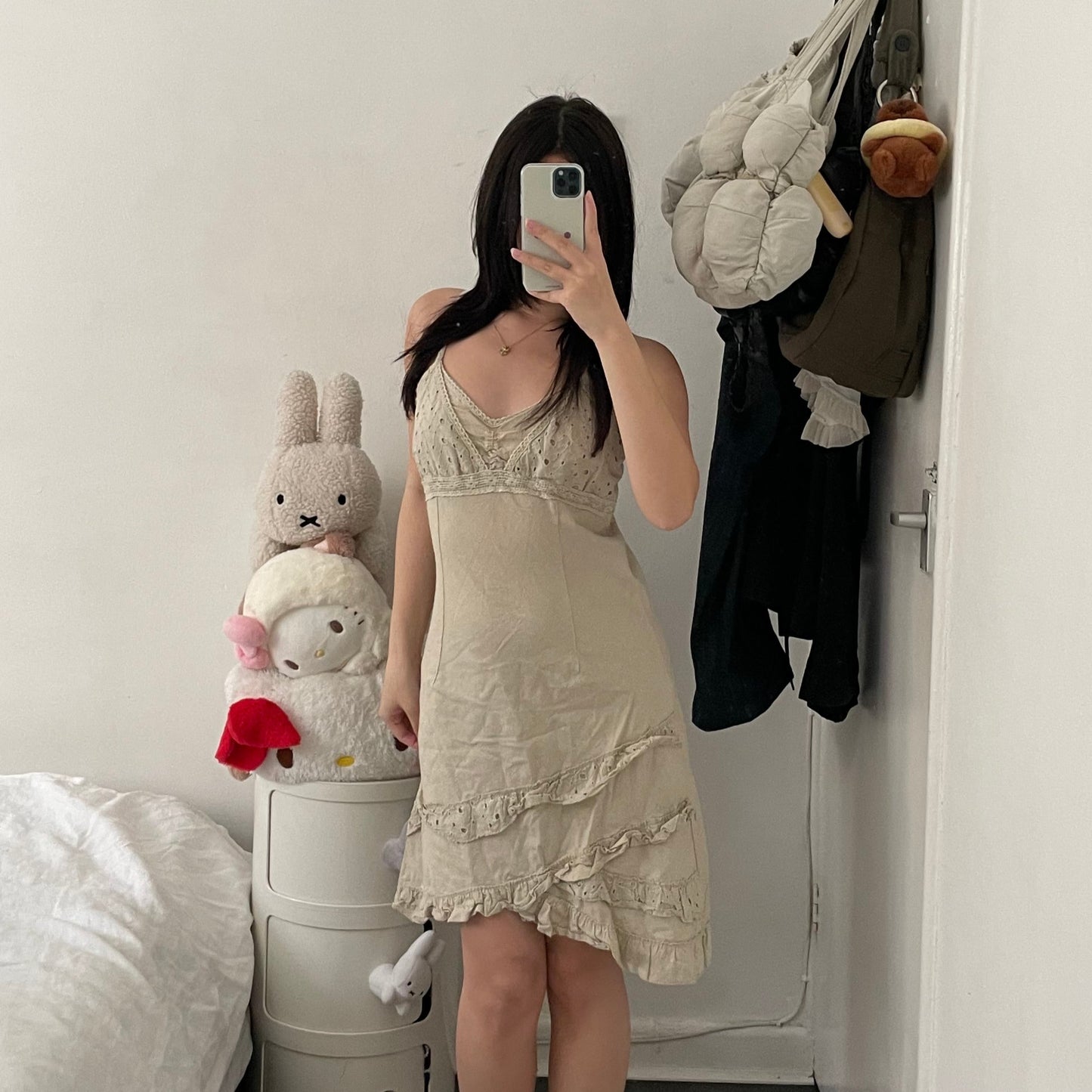beige linen blend broderie anglaise prairie a line midi dress