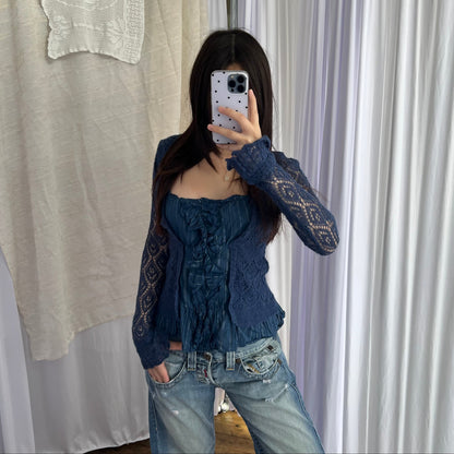 Morgan De Toi Navy Fine Knit Lace Crochet Two In One Silver Striped Cardigan Top
