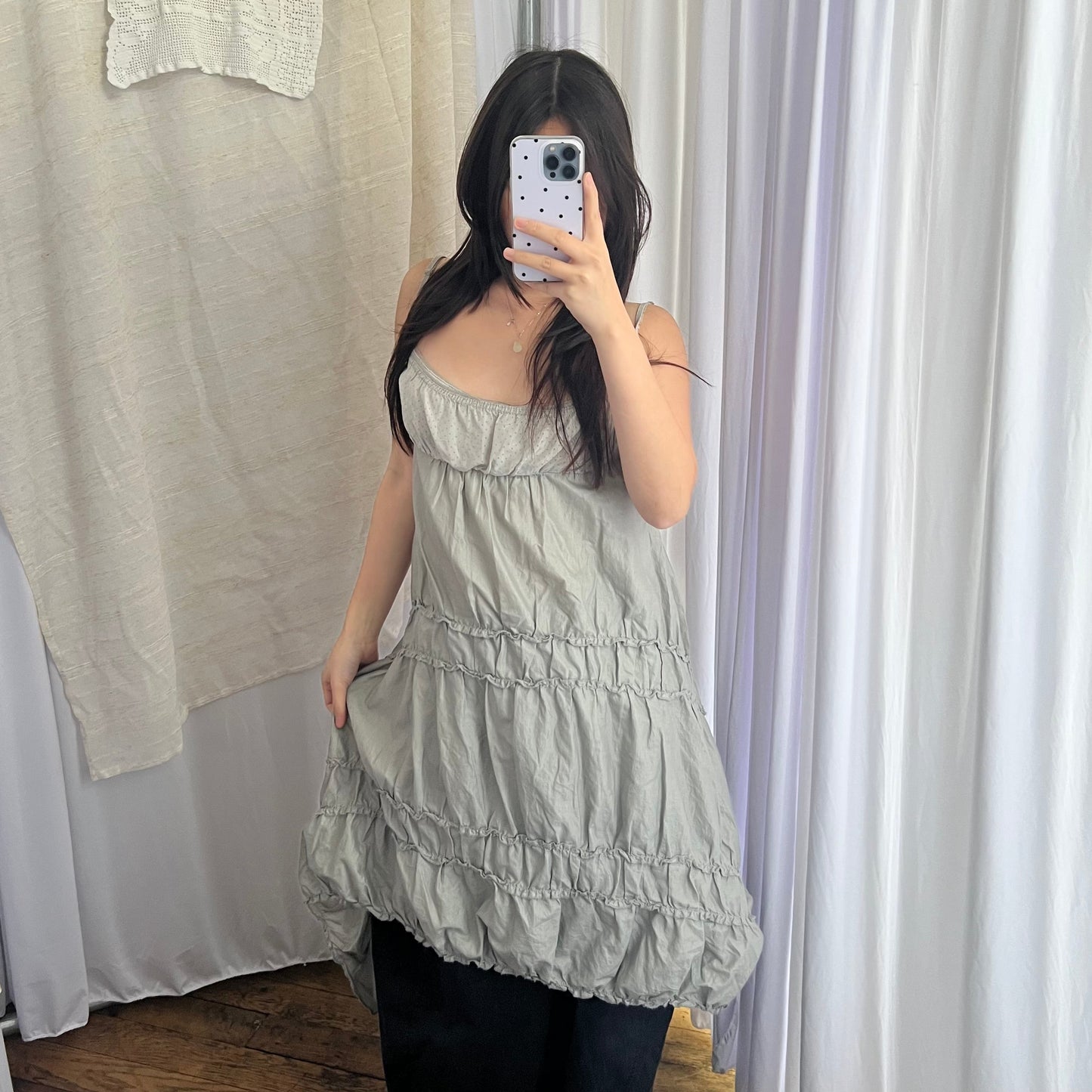 Cop Copine Grey Utility Picot Lace Zip Asymmetric Ruched Drop Waist Midi Dress