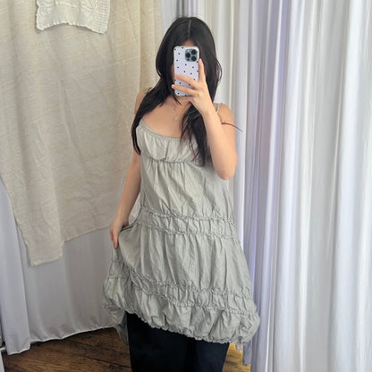 Cop Copine Grey Utility Picot Lace Zip Asymmetric Ruched Drop Waist Midi Dress