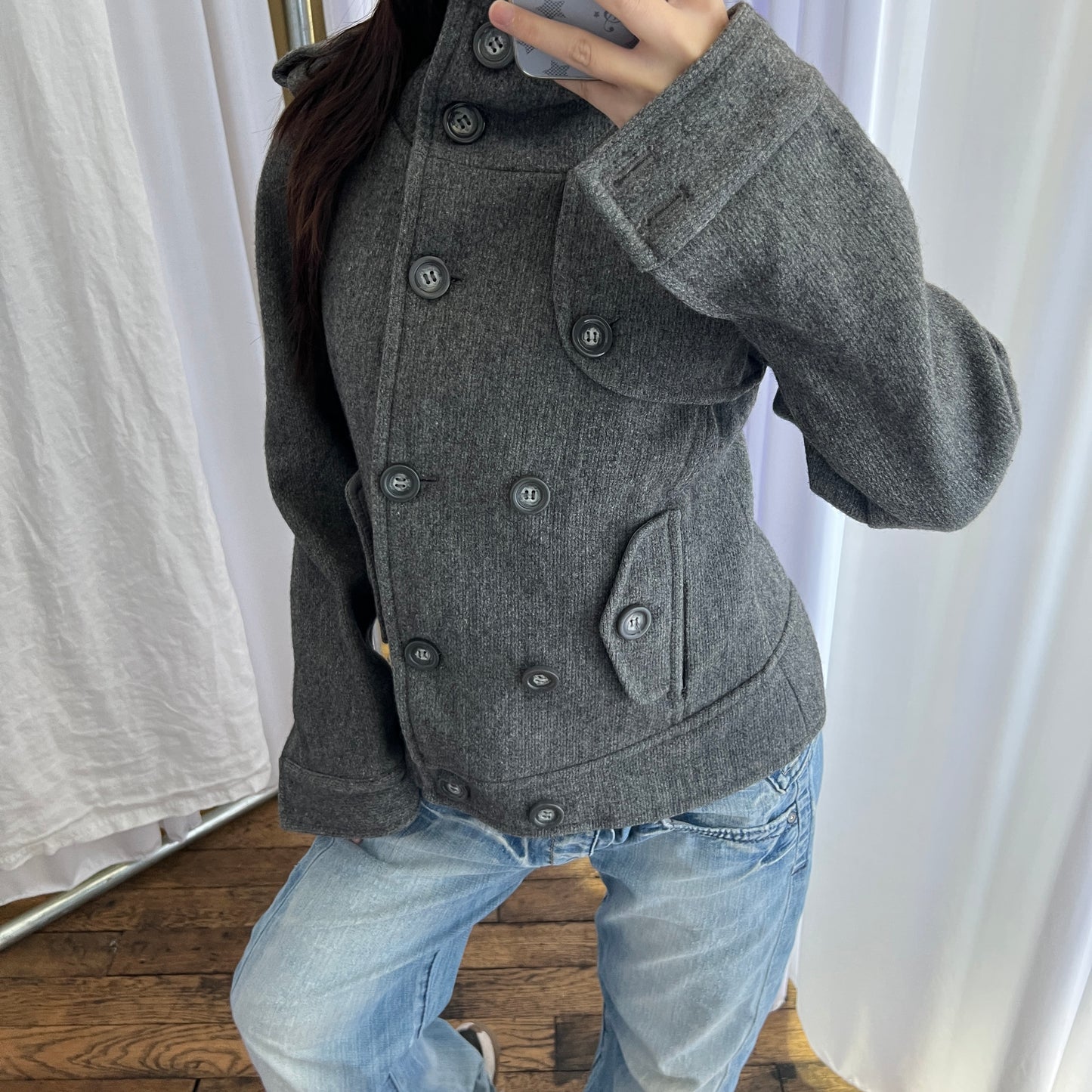 Vintage Speccio Grey Double Breasted Funnel Neck Button Accent Pea Coat