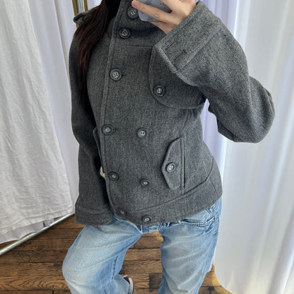 Vintage Speccio Grey Double Breasted Funnel Neck Button Accent Pea Coat