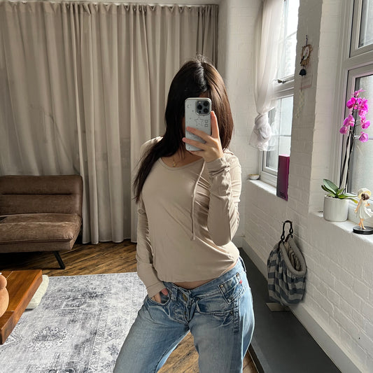 cop copine utility beige mix knit long sleeve hooded long sleeve top