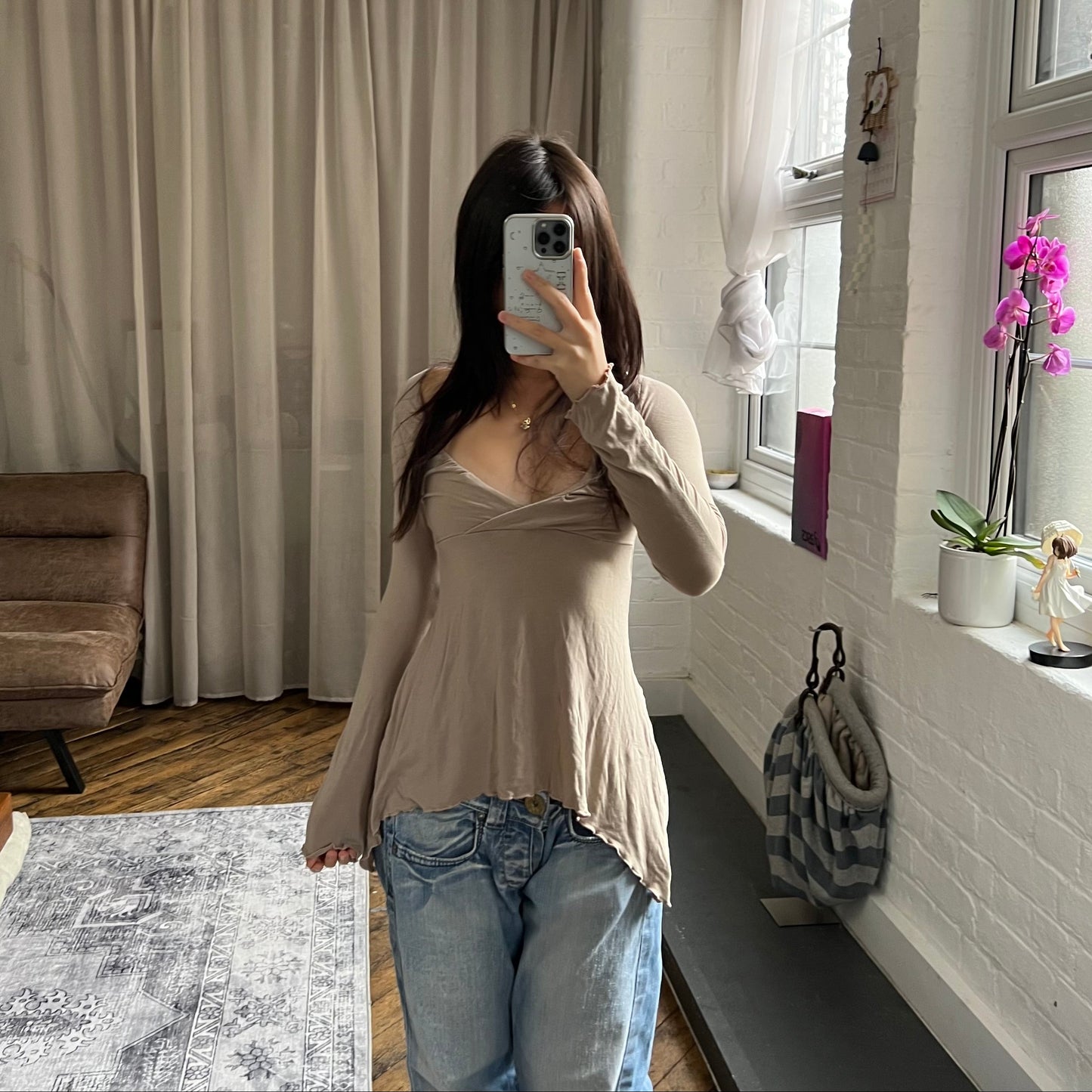 speccio beige balletcore wrap style asymmetric hem long sleeve shirt