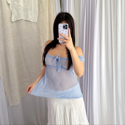 Spring Blue Check Me&Me Couture Gingham Puff Sleeve Ruched Babydoll Blouse