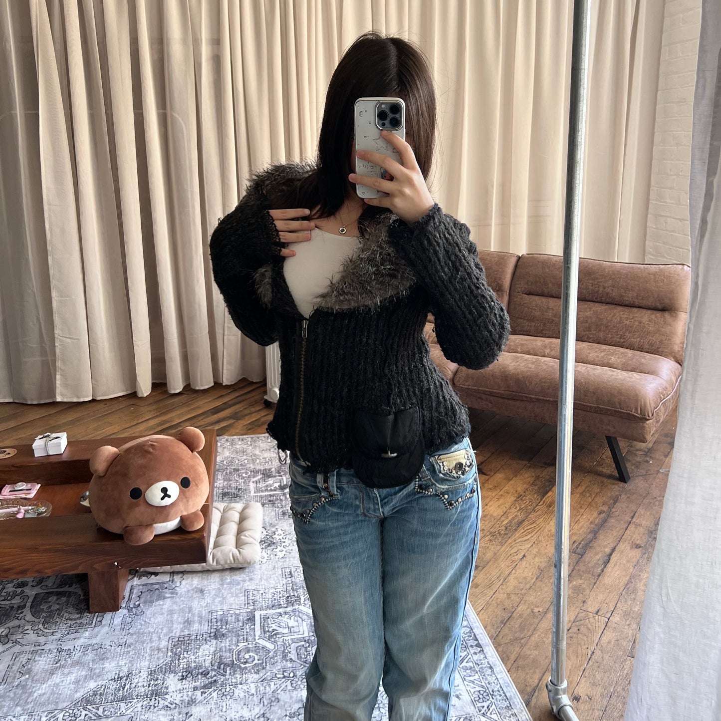 Speckled Black Fur Trim Zone Bleue Knit Long Sleeve Zip Cardigan