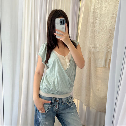 Tsumori Chisato Cotton Cashmere Mint Green Shirred Draped Wrap Style Blouson Shirt
