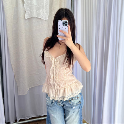 Morgan De Toi Beige Ruffle Lace Button Accent Camisole