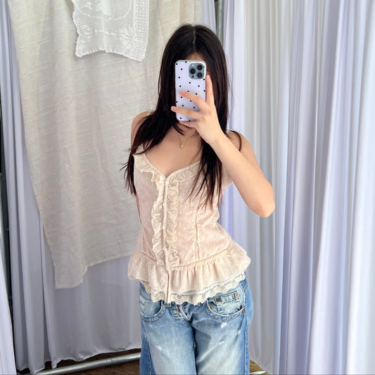 Morgan De Toi Beige Ruffle Lace Button Accent Camisole