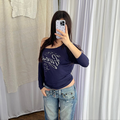 Guess Navy Silver Italic Stud Light Batwing Half Sleeve Tunic Top