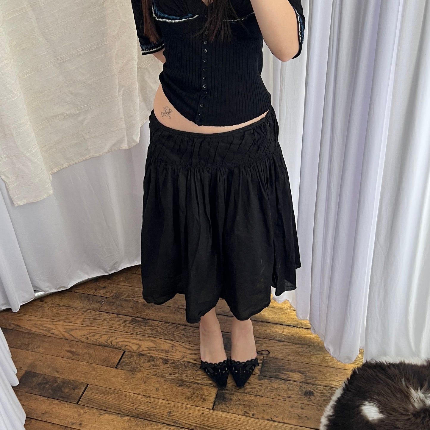 Sisley Eurosummer Ruched Black Cotton Midi Skirt