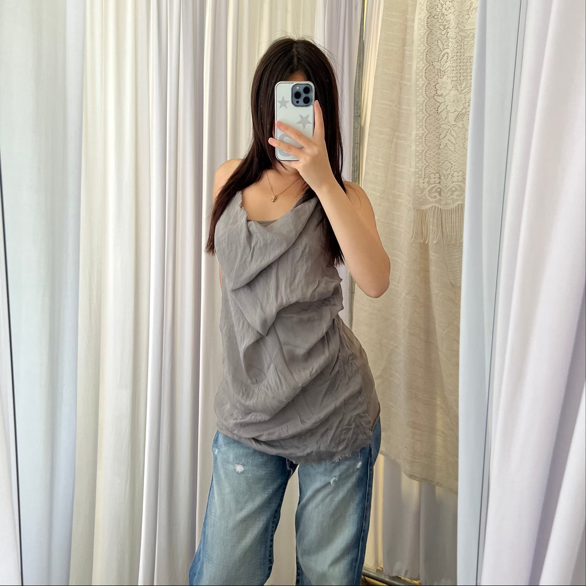 Dondup Grey Silk Cotton Draped Tunic Vest Top