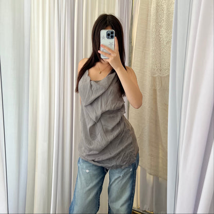 Dondup Grey Silk Cotton Draped Tunic Vest Top