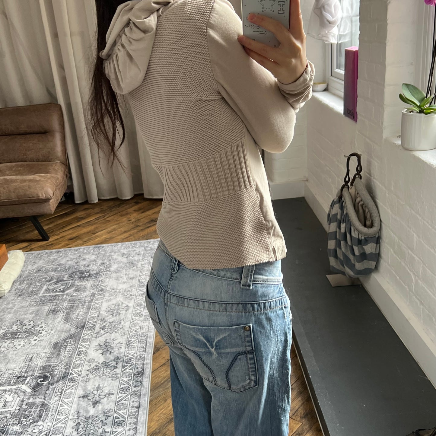 cop copine utility beige mix knit long sleeve hooded long sleeve top