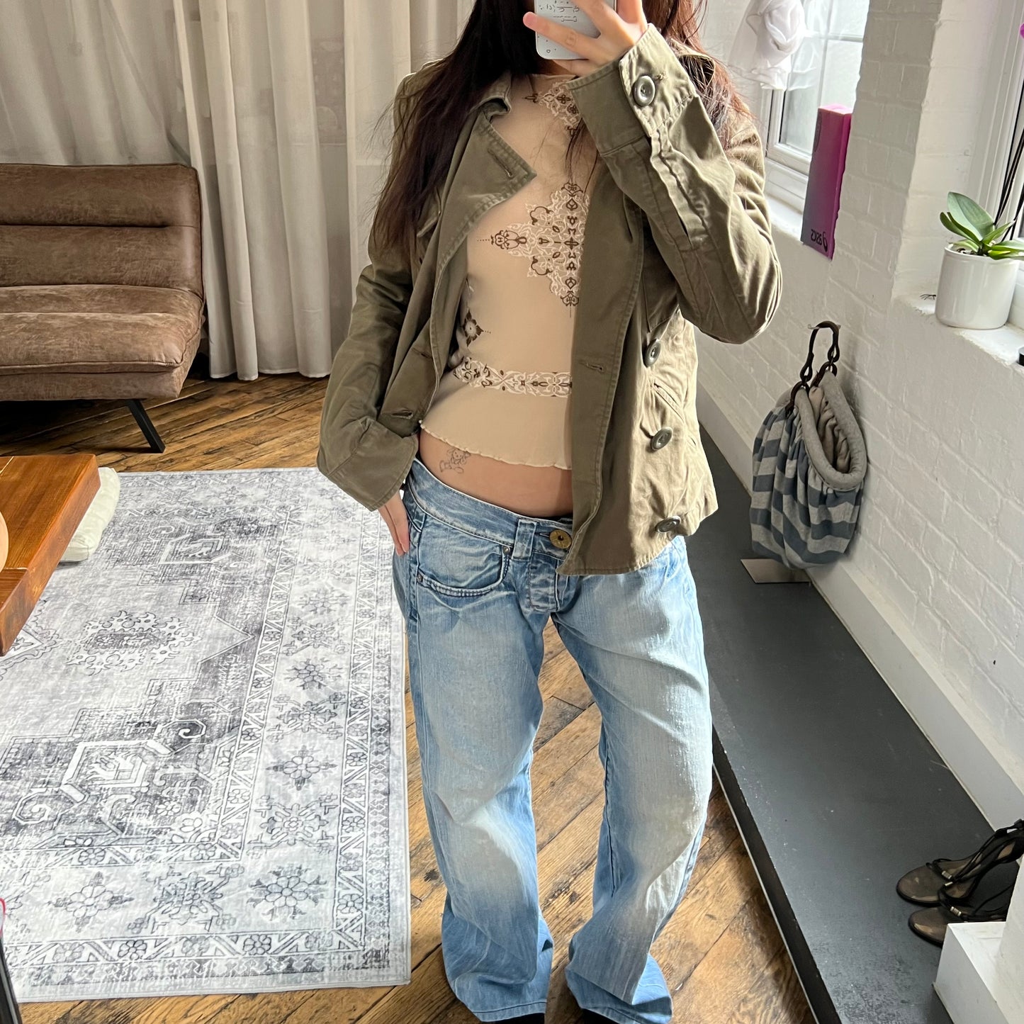 khaki diesel corpcore asymmetric button down trench style jacket