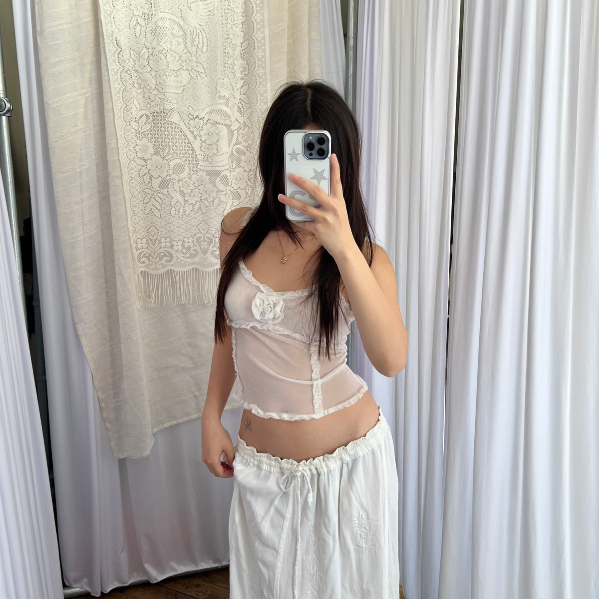 Imperial White Boho Rosette Frill Trim Sheer Camisole