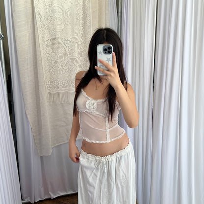 Imperial White Boho Rosette Frill Trim Sheer Camisole