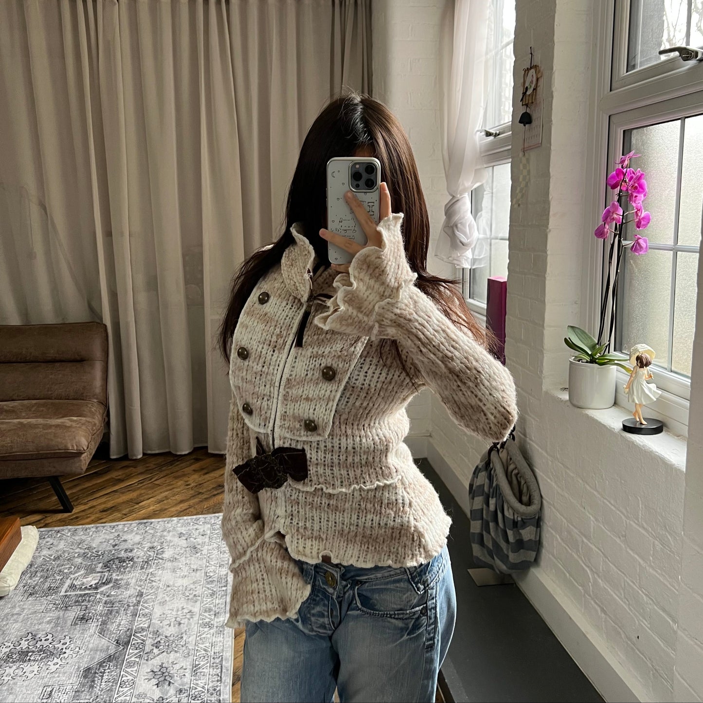 zone bleue speckled brown wide collared knit zip velvet ribbon belt cardigan jacket