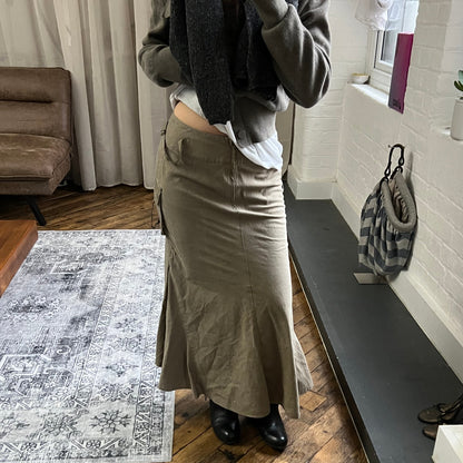 khaki beige cargo utility maxi flared skirt